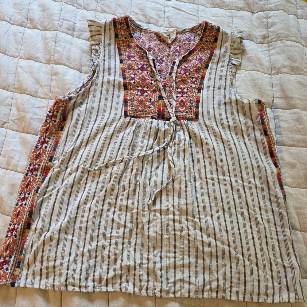 Savanna Jane Blouse Women's Large‎ Strips Embroidered Boho Rodeo Linen/cotton